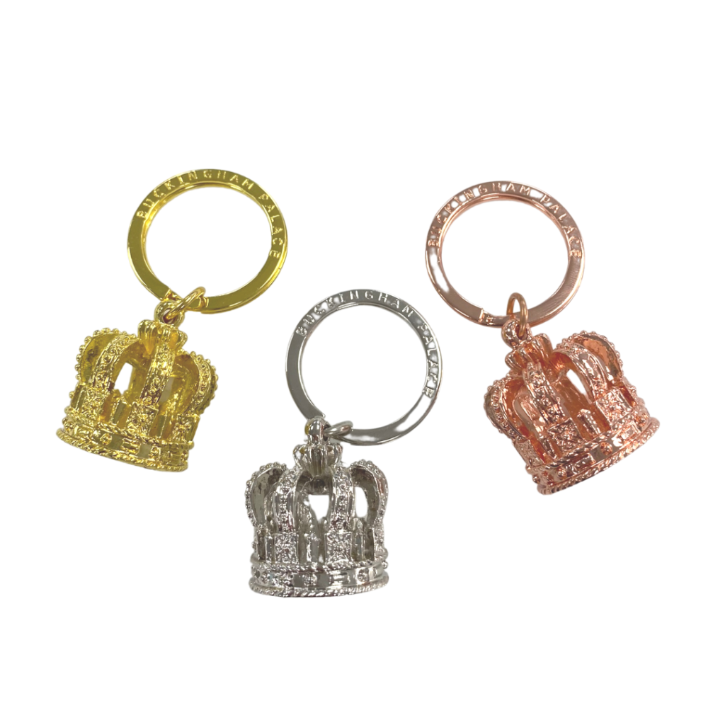 Crown shaped chromium keyrings in silver, copper and gold